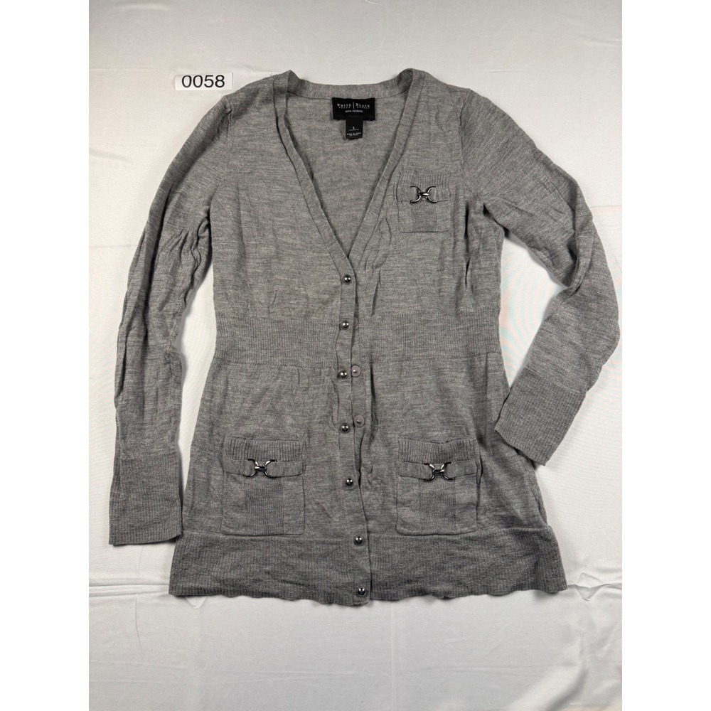White House Black Market Gray 100% Merino Wool Horsebit Cardigan Sweater Large